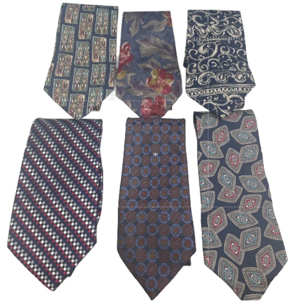 Lot of 6 Silver Brown Gray Striped Floral Vintage and Modern Mens Neck Ties